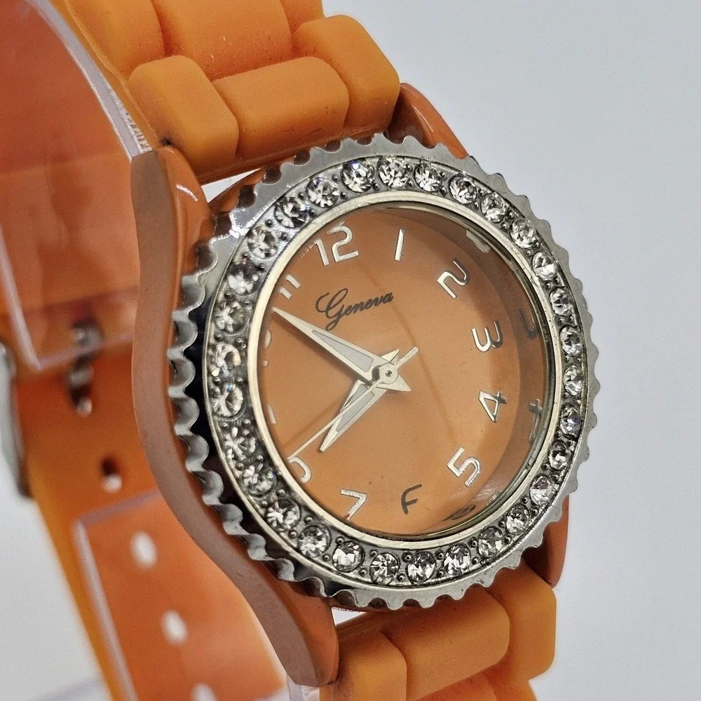 30MM Watch Women Orange Dial Crystal Bezel‎ Orange Plastic Bands New Battery